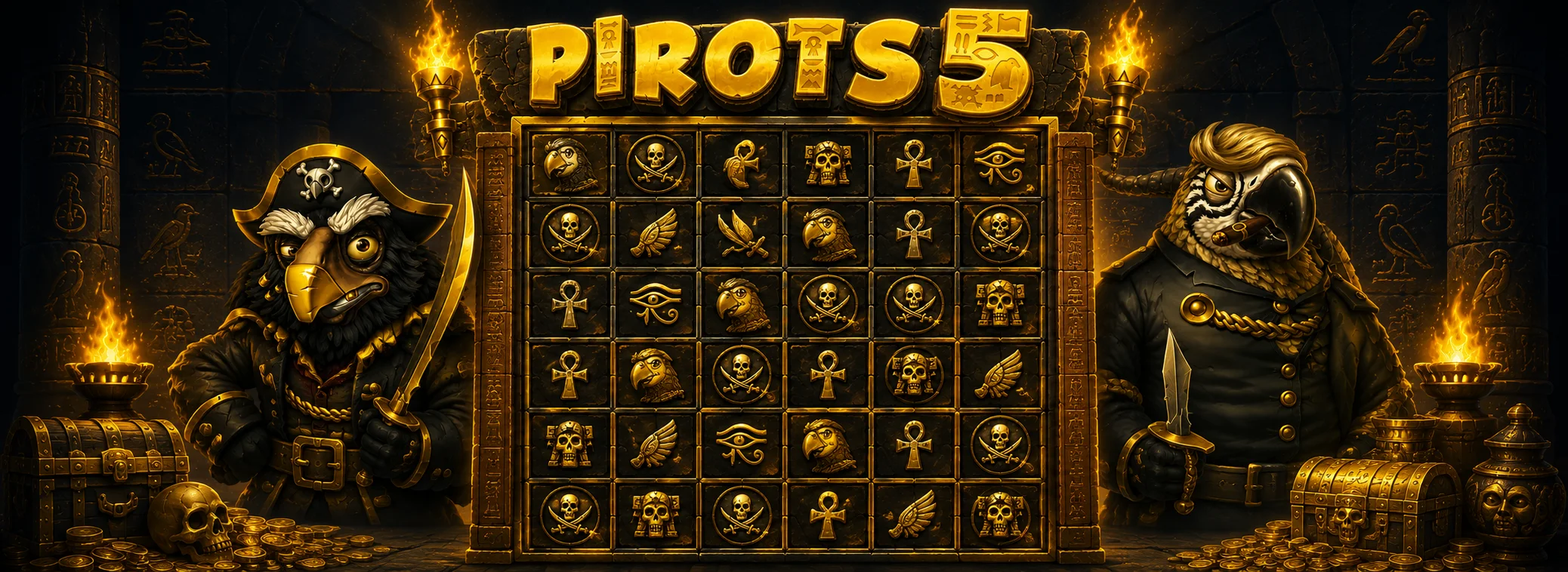 Pirots 5 gokkast van ELK Studios met gouden PIROTS 5-logo op donkere tempelachtergrond
